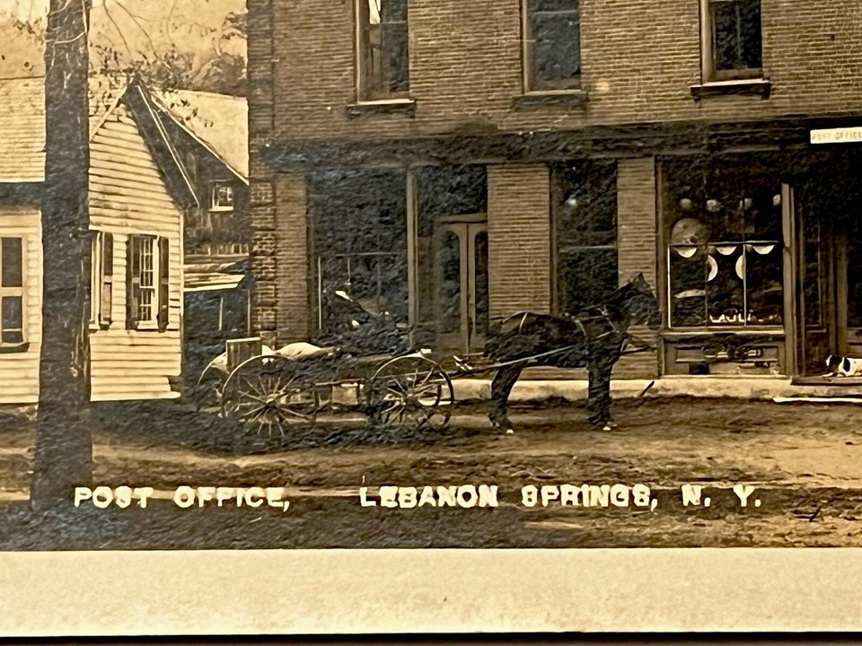 LEBANON SPRINGS NY POST CARD RPPC POST OFFICE 1908 REAL PHOTO HORSE AND