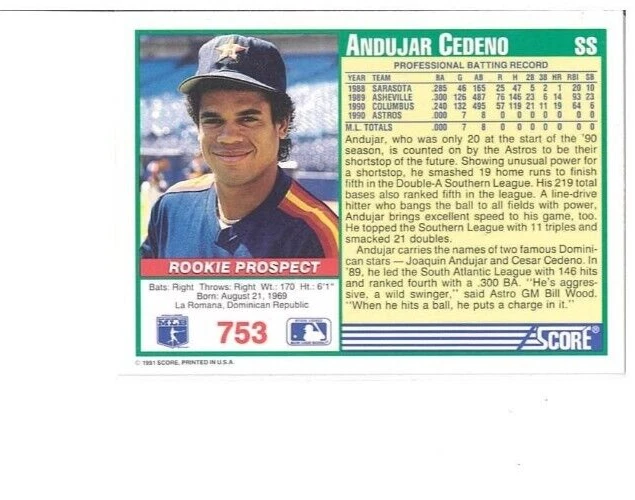 Tarjeta de béisbol MLB ROOKIE PROSPECT SCORE 1991 ANDULAR CEDENO Houston Astros Foto 2 de 2