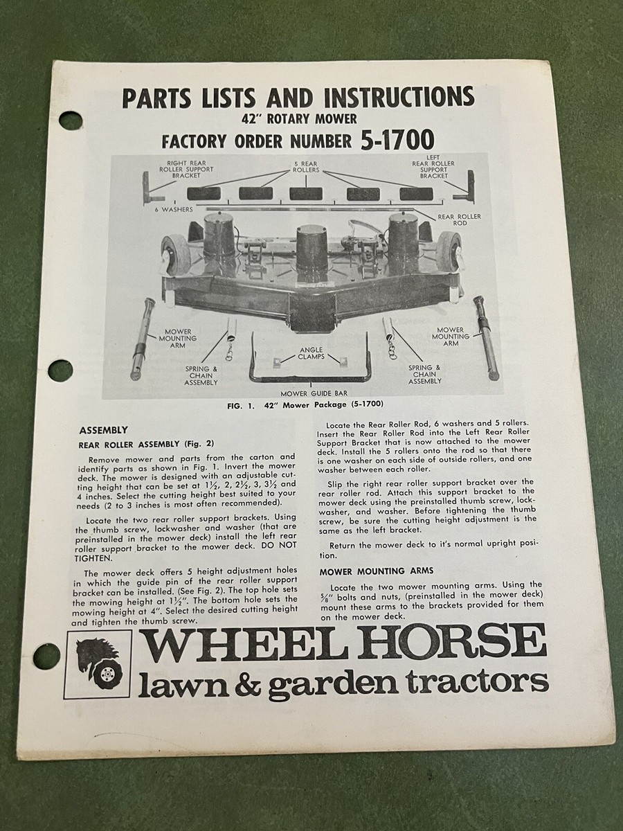 WHEEL HORSE ELECTRIC MOWER DECK PARTS LIST AND INSTRUCTIONS MANUAL