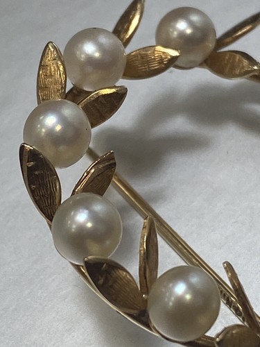 Vintage 14K Yellow Gold Seed Pearl Wreath Brooch Pin Signed. 35mm - Picture 5 of 18