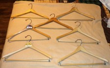7 VINTAGE WOOD WOODEN HANGERS COAT JACKET SLACKS CURLEE BRUNTS NAGEL TEXAS BATTS