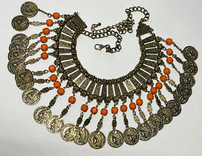 Vintage Dangle Coin Choker Collar Necklace Heavy Patina D801