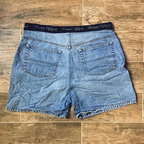 Sz 14 Vtg 90's TOMMY HILFIGER Spellout Flag Blue Jean Womens OG Hip Hop Shorts - Picture 6 of 11