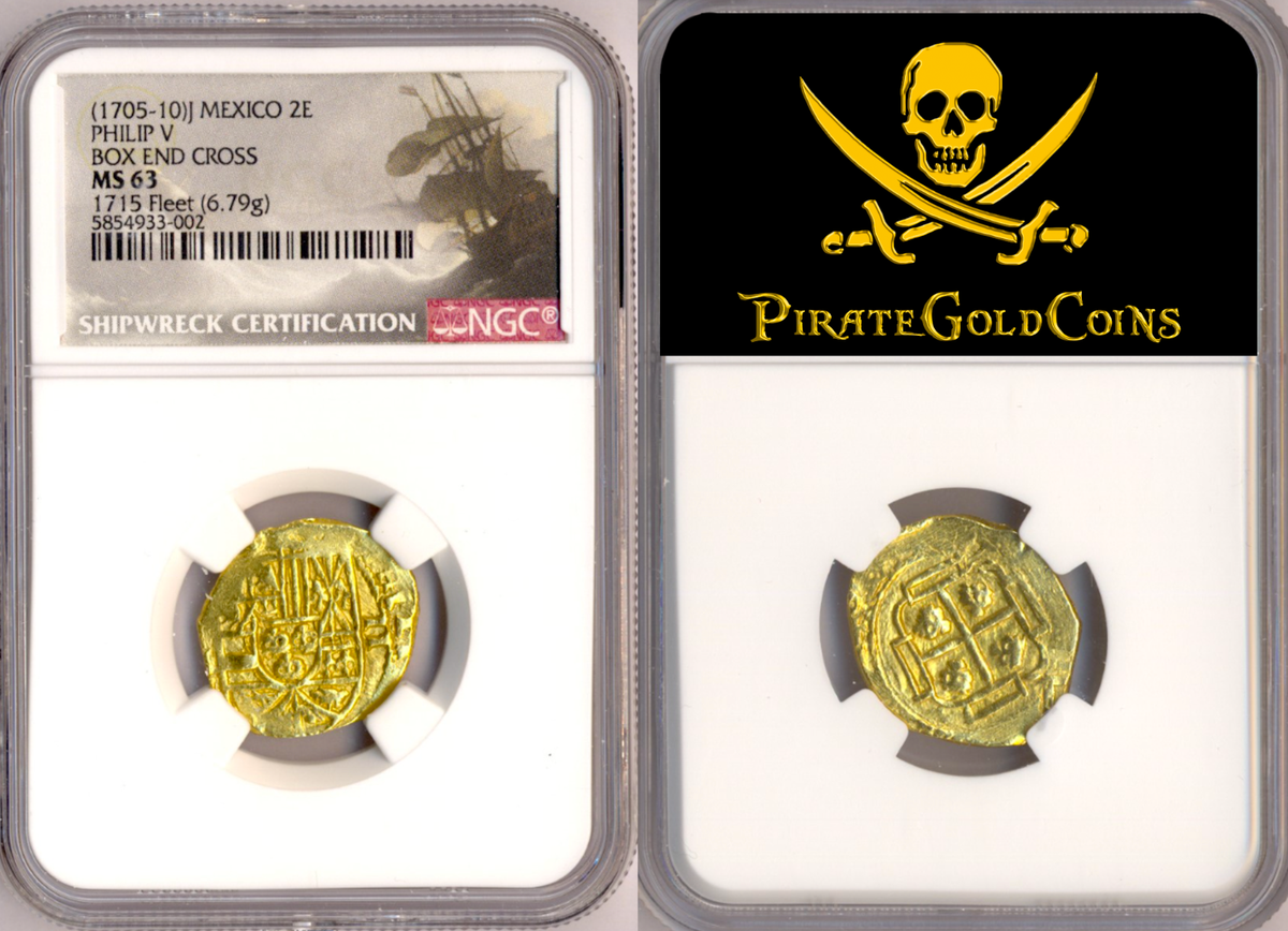 FINEST KNOWN! NGC 63 MEXICO 2 ESCUDOS 1705-10 1715 FLEET SHIPWRECK