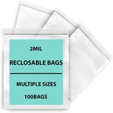 100 Bags - 2 Mil Reclosable Poly Bags Clear Plastic Zip Bag Mini Baggies