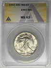 1942 Walking Liberty Half Dollar 50c Coin ANACS MS 63