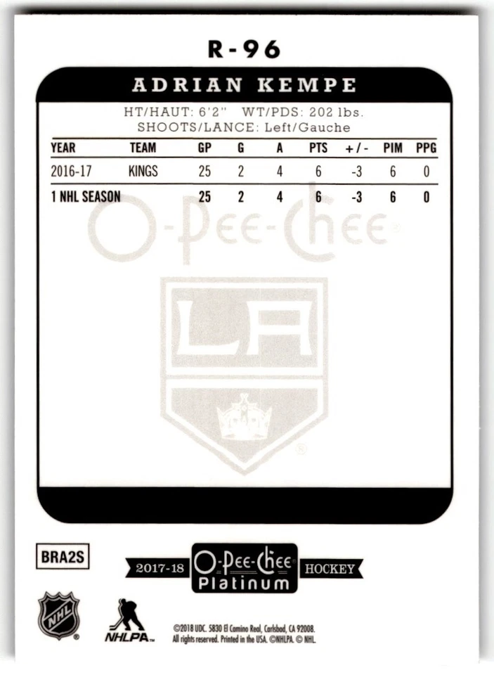 2017-18 O-Pee-Chee Platinum Adrian Kempe #R-96 Los Angeles Kings - Image 2 of 2