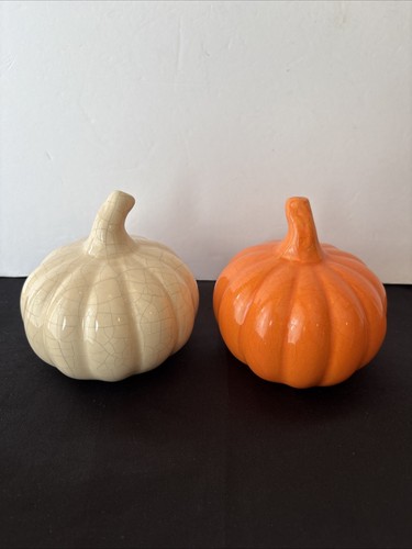 2er Set Keramik Kürbisse Erntedank Deko Herbst orange elfenbein Herbst NEU