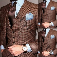 Houndstooth Vintage Woolen Men's Suits Wedding Groom Tuxedo Blazer Three Pieces