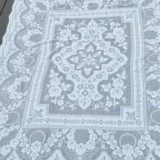 2.7.3 Vintage Ivory Filet Lace Tablecloth 85x69 Floral Basket Scalloped Cottage
