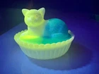 Vintage Westmoreland Milk Glass Blue & White Cat on Nest Dish