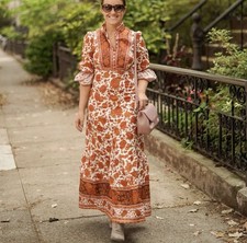 Zimmermann Amari Dress Size 0/ 8 AU/ 4 US Orange Floral Linen High Neck Maxi