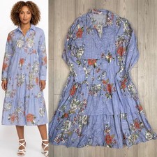 Johnny Was XL Mosaic Tiered Wanderer Midi in Blue Floral Cotton Shirt Dress