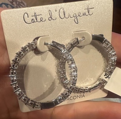 Cote d Argent 1 & 3/8  Cubic Zirconia Round Hoop Hinged Closure Earrings NEW