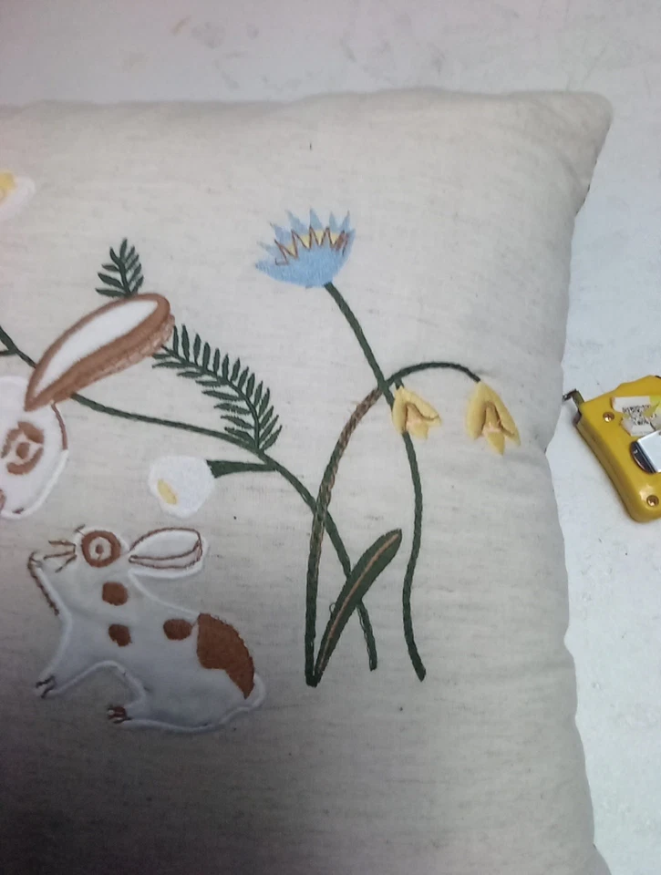 THRESHOLD Throw Pillow 18"X18" Rabbit, Bunny Mom & Baby, Flowers Embroidered - Image 3 of 4