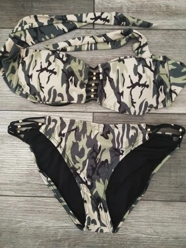 PilyQ CAMO/ MILITARY GREEN  Halter Bikini Top and Bottom Size MEDIUM