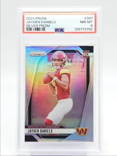 JAYDEN DANIELS 2024 PANINI PRIZM ROOKIE SILVER COMMANDERS A RC PSA 8 Q0004