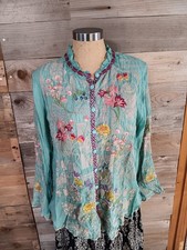 JOHNNY WAS Allbee Blouse Sz. Med. Marine Blue Top Flower Heavily Embroidered