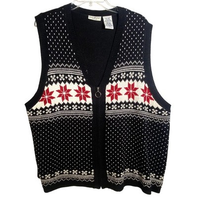 Vintage Black Red Fair Isle Zip Sweater Vest  Women Plus Sz 22W/24W White Stag