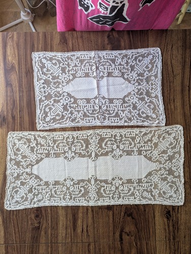 Vintage Hand Made Filet Crochet Lace Runner Dresser Scarf Cotton Set of 2 - Picture 3 of 5