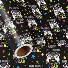Graduation Funny Wrapping Paper Roll, Game Controller Adorned with Graduation Ca