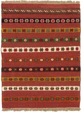 Vintage Dark Red Traditional 3'7" x 4'10" Hand-Knotted Oriental Wool Area Rug