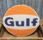Large 14" Vintage GULF Service Station Oil Gas Pump Plate Porcelain Metal Sign