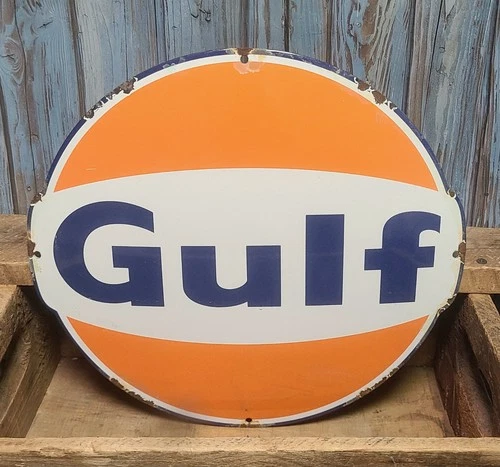 Large 14" Vintage GULF Service Station Oil Gas Pump Plate Porcelain Metal Sign