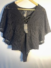 BCBG Max Azria Lace Bodysuit Black Sheer V Neck Floral Stretch NWT S