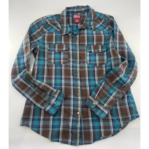 Red Ranch Shirt Womens Small Brown Blue Snaps Western Cowgirl Rodeo ...