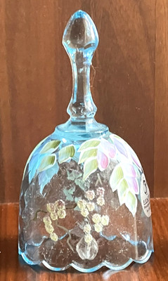 Fenton blue diamond optic bell hand painted oval shape grapes vines Signed .