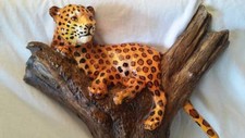 Cheetah Cat Leopard In Tree Unique Mid Century Original Wall Sculpture Carving 