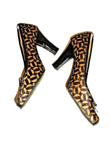 MASSIMO BALDI BROWN /TAN COW-HAIR LEATHER / BLK PATENT TRIM MULES Pumps HEELS 7D - Picture 7 of 11