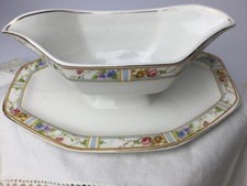 Vintage Double Sauce Gravy Boat w/ Underplate England  184 Floral w/ Gold Trim