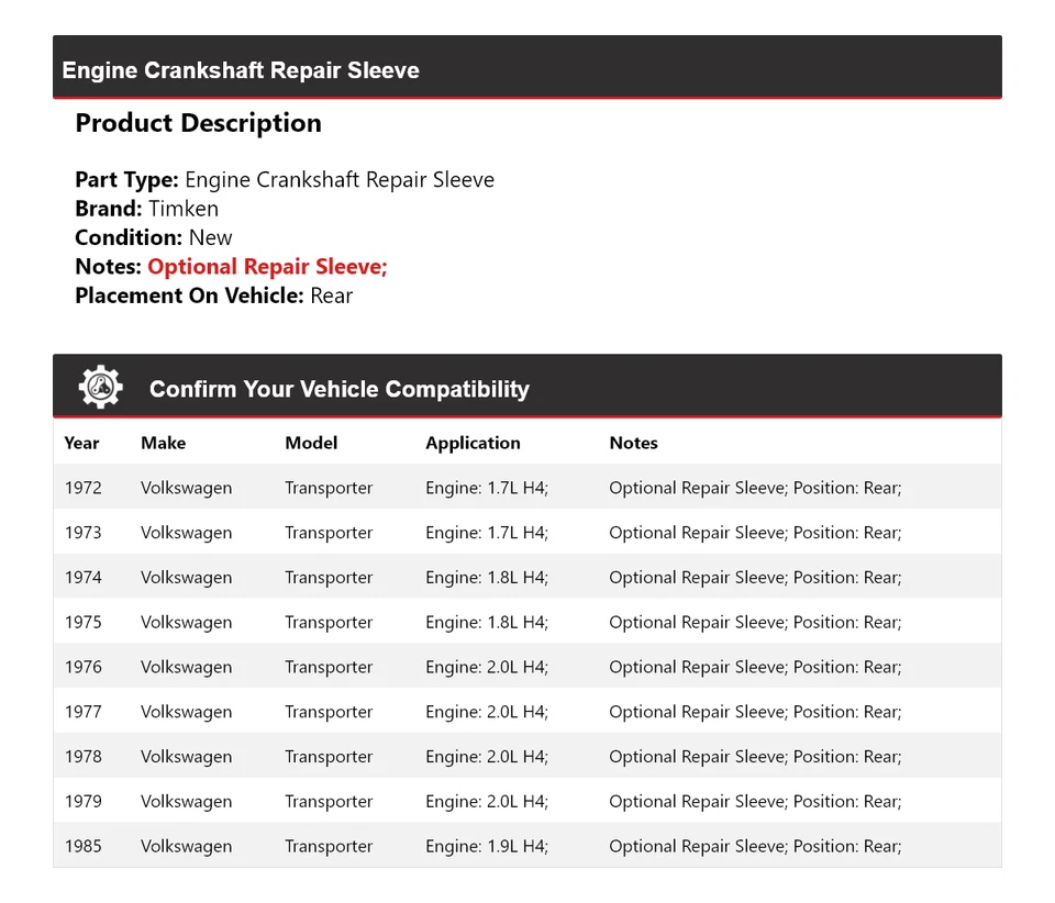 For 1972-1979, 1985 Volkswagen Transporter Eng Crankshaft Repair Sleeve Timken - Image 2 of 4