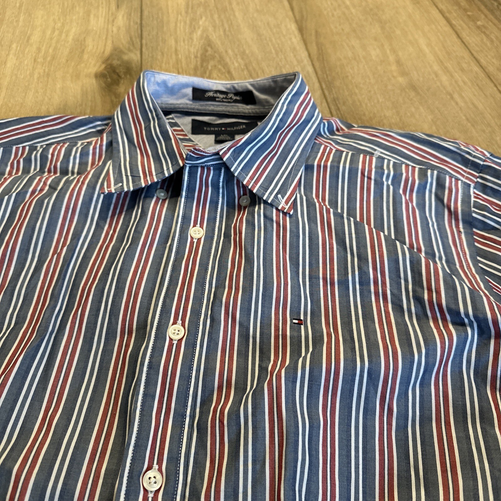 Tommy Hilfiger 80s 2 Ply Fabric Striped Long Sleeve Button Down Mens Large thumbnail 2