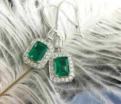 Emerald Cut Simulated Green Emerald Halo Drop Earrings In 14k White Gold  Plated