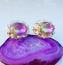 Bi-Color Tourmaline Buttons 2 Pieces Silver Polished Unic Oval Buttons Jewelry