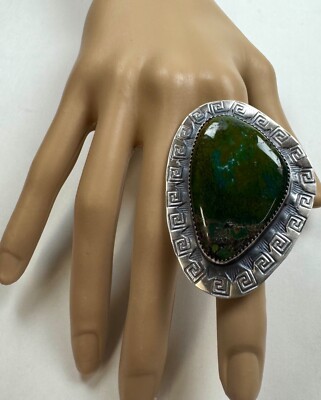 Giant Handstamped Navajo Tawney Willie SS Adjustable Turquoise Ring