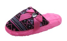 Cute Girls Knit Fur Trim House Slippers w/ Satin Bow  Rhinestone Decoration