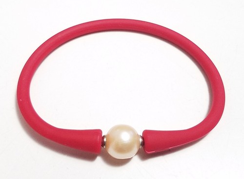 Unisex Red Silicon Rubber Bracelet Pink Pearl Stainless Steel Post 7.5" - Picture 2 of 5
