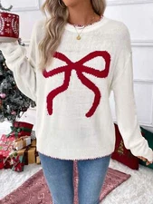 Women's Long Sleeve Knit Sweater With Bow Detail And Contrast Stitching