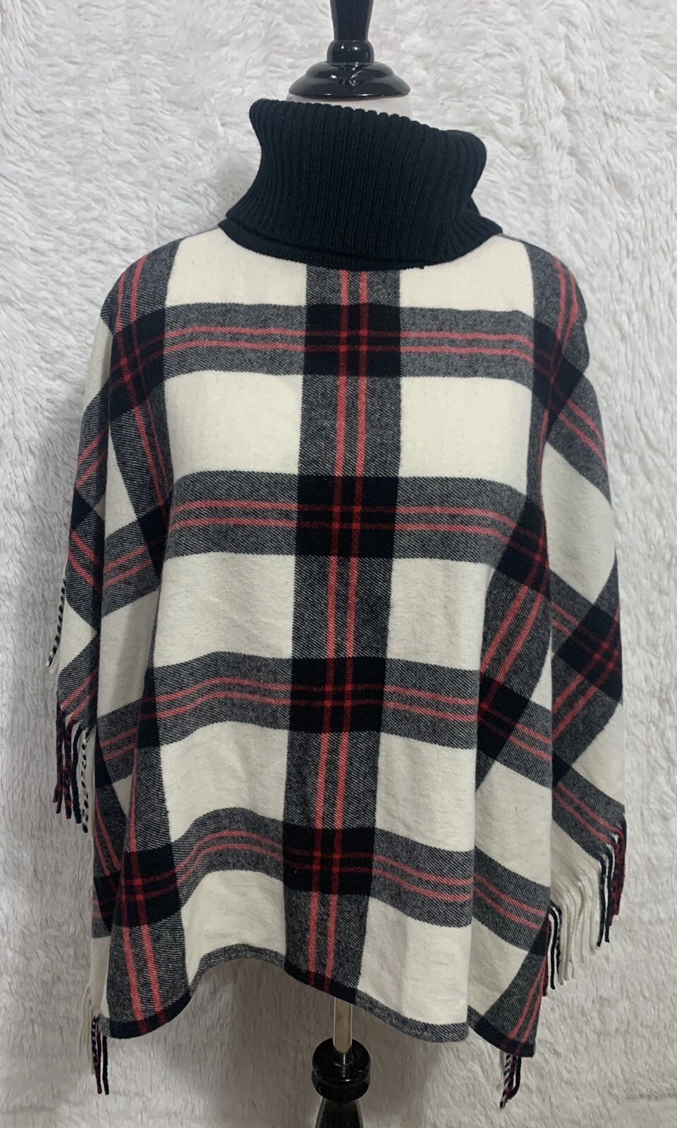 Talbots Stunning Plaid Poncho Shawl Sz XS/S Fringe Warm Soft Cowl Neck EUC