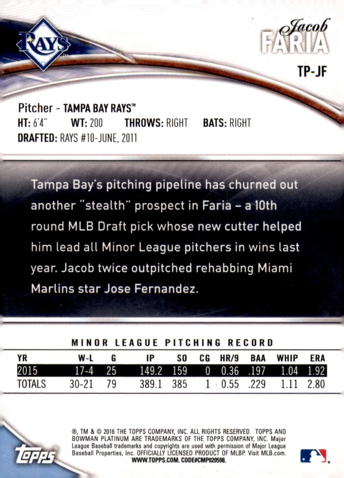 2016 Bowman Platinum - Top Prospects Jacob Faria #TP-JF Ice (RC) - Image 2 of 2