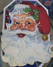 VINTAGE MCM Paper DIE CUT SANTA 16"x12" HEAD CUTOUT FROM THE EARLY 1950'S Holly