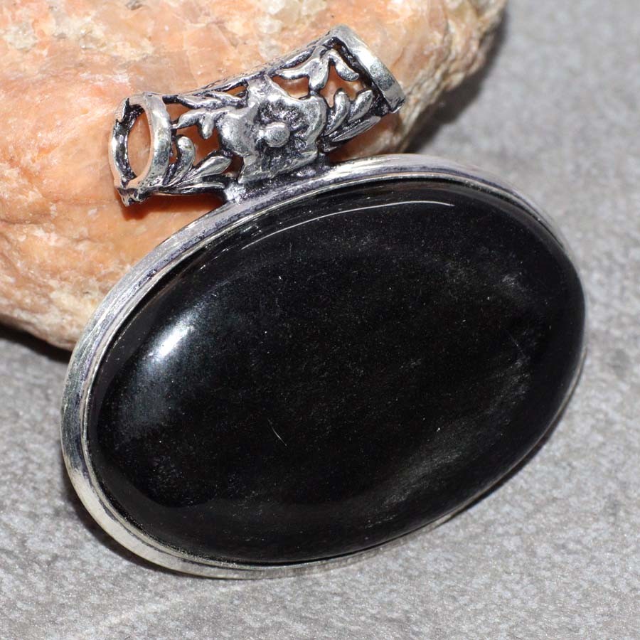 Chunky Silver Obsidian 925 Silver Plated Handmade Pendant Necklace 1.5 Inches
