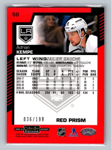 2020-21 O-Pee-Chee Platinum #58 Adrian Kempe Red Prism #/199 - Picture 2 of 2
