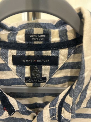 Camicia Tommy Hilfiger personalizzata lino uomo blu rosso beige righe SS bottoni XL - Foto 3 di 4