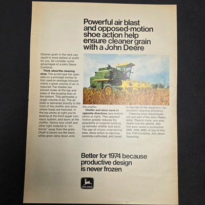 #ad Vintage John Deere Combine Advertisement – Cleaner Grain Technology – 1974 $14.99