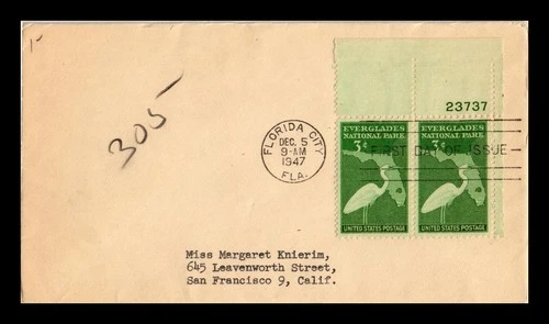 DR JIM STAMPS US COVER EVERGLADES NATIONAL PARK FDC SCOTT 952 PLATE PAIR